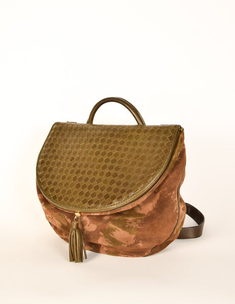 Bottega Veneta Vintage Green and Brown Intrecciato Woven Leather and Camouflage Suede Shoulder Bag with Matching Silk Scarf