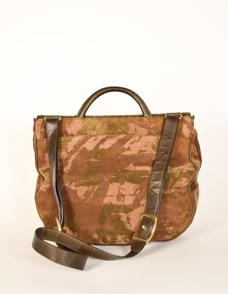 Bottega Veneta Vintage Green and Brown Intrecciato Woven Leather and Camouflage Suede Shoulder Bag with Matching Silk Scarf