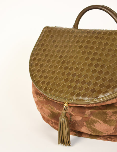 Bottega Veneta Vintage Green and Brown Intrecciato Woven Leather and Camouflage Suede Shoulder Bag with Matching Silk Scarf