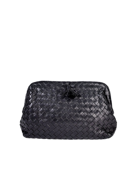 Bottega Veneta Vintage Black Intrecciato Woven Leather Kisslock Clutch Bag