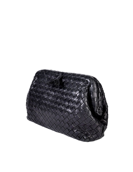 Bottega Veneta Vintage Black Intrecciato Woven Leather Kisslock Clutch Bag