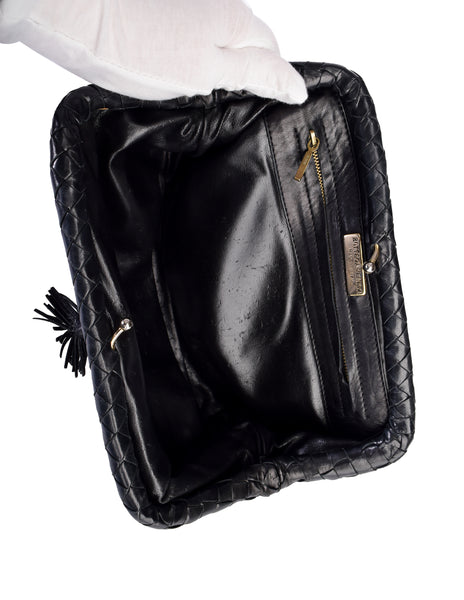 Bottega Veneta Vintage Black Intrecciato Woven Leather Kisslock Clutch Bag