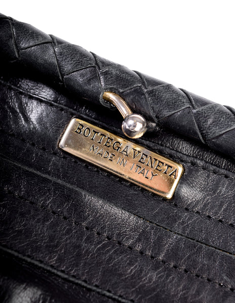 Bottega Veneta Vintage Black Intrecciato Woven Leather Kisslock Clutch Bag
