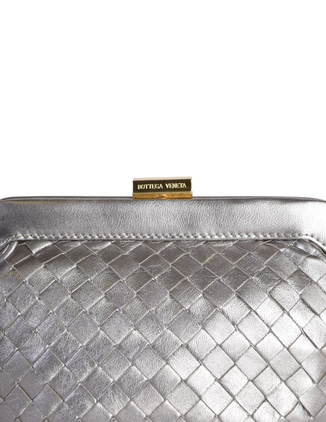 Bottega Veneta Vintage Intrecciato Woven Metallic Silver Leather Clutch Bag