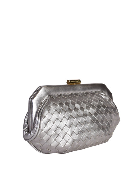 Bottega Veneta Vintage Intrecciato Woven Metallic Silver Leather Clutch Bag