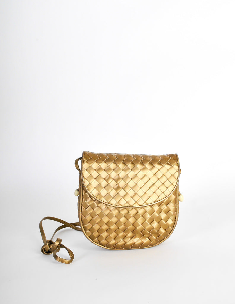 Bottega Veneta Vintage Intrecciato Gold Woven Leather Crossbody