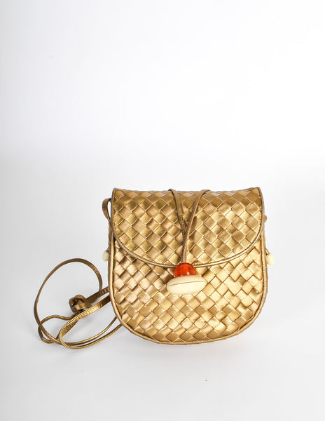 Bottega Veneta Vintage Intrecciato Gold Woven Leather Crossbody Bag