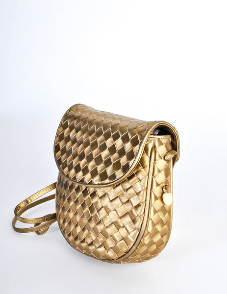Bottega Veneta Vintage Intrecciato Gold Woven Leather Crossbody Bag - Amarcord Vintage Fashion
 - 6