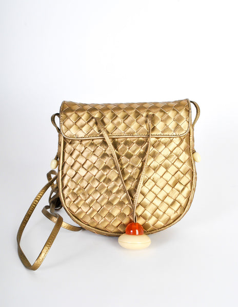 Bottega Veneta Vintage Intrecciato Gold Woven Leather Crossbody Bag