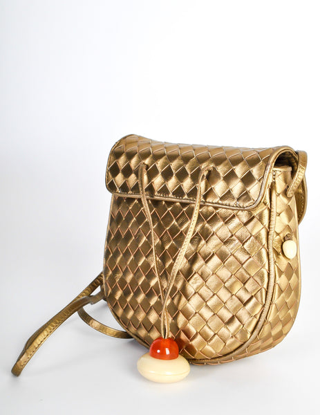 Bottega Veneta Vintage Intrecciato Gold Woven Leather Crossbody Bag - Amarcord Vintage Fashion
 - 8