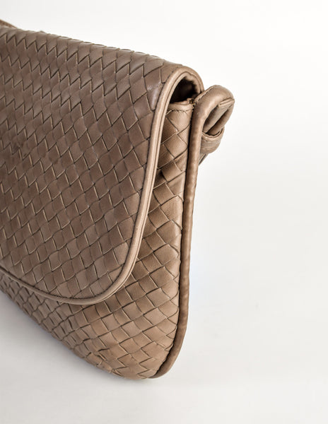 Bottega Veneta Vintage Intrecciato Mushroom Brown Woven Leather Shoulder Bag