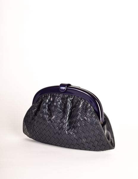 Bottega Veneta Vintage Intrecciato Navy Blue Woven Leather Clutch Bag - Amarcord Vintage Fashion
 - 2
