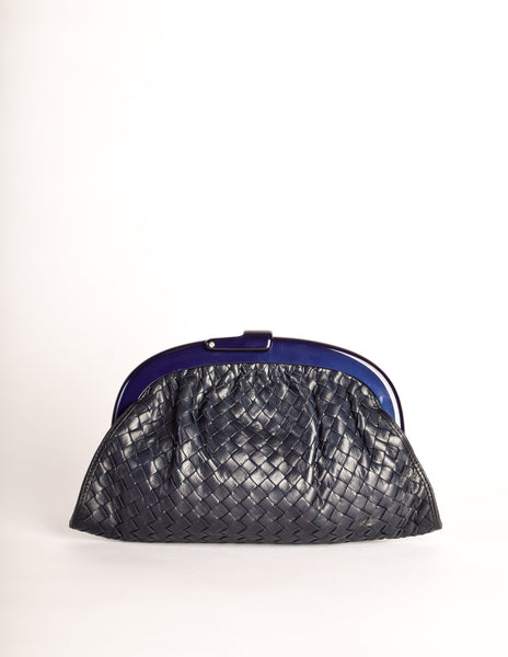 Bottega Veneta Vintage Intrecciato Navy Blue Woven Leather Clutch Bag - Amarcord Vintage Fashion
 - 3