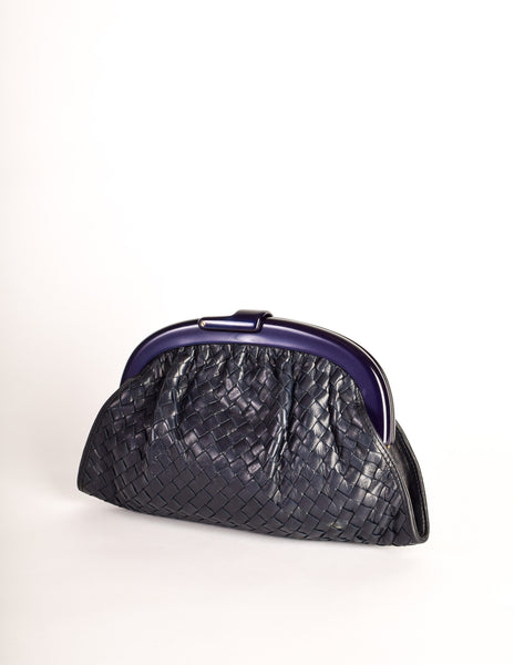 Bottega Veneta Vintage Intrecciato Navy Blue Woven Leather Clutch Bag - Amarcord Vintage Fashion
 - 4