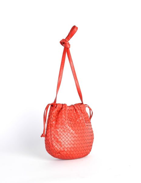 Bottega Veneta Vintage Intrecciato Red Woven Leather Drawstring Bag