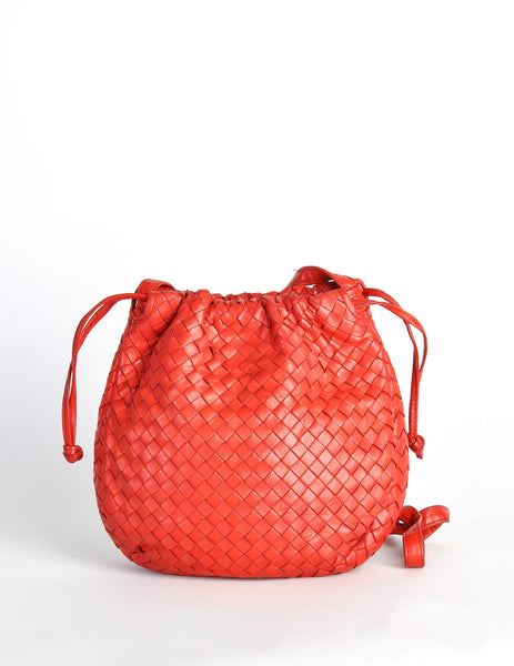 Bottega Veneta Vintage Intrecciato Red Woven Leather Drawstring Bag