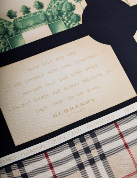 Burberry Vintage Extraordinary Trees Garden Plaid Print Beige Black Multicolor Silk Scarf