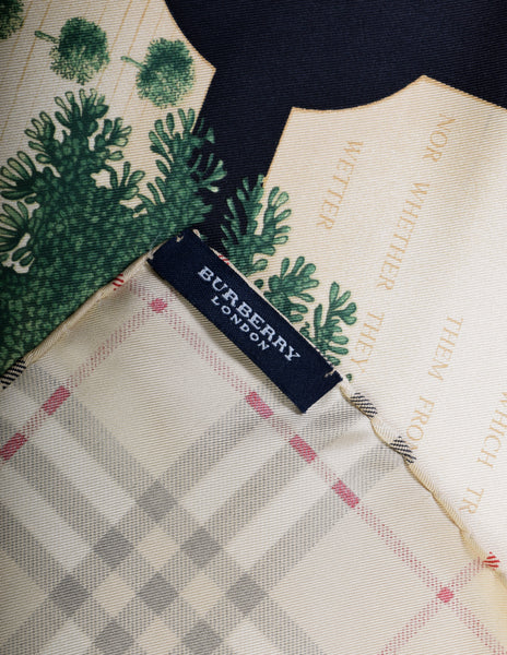 Burberry Vintage Extraordinary Trees Garden Plaid Print Beige Black Multicolor Silk Scarf