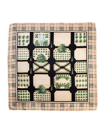 Burberry Vintage Extraordinary Trees Garden Plaid Print Beige Black Multicolor Silk Scarf