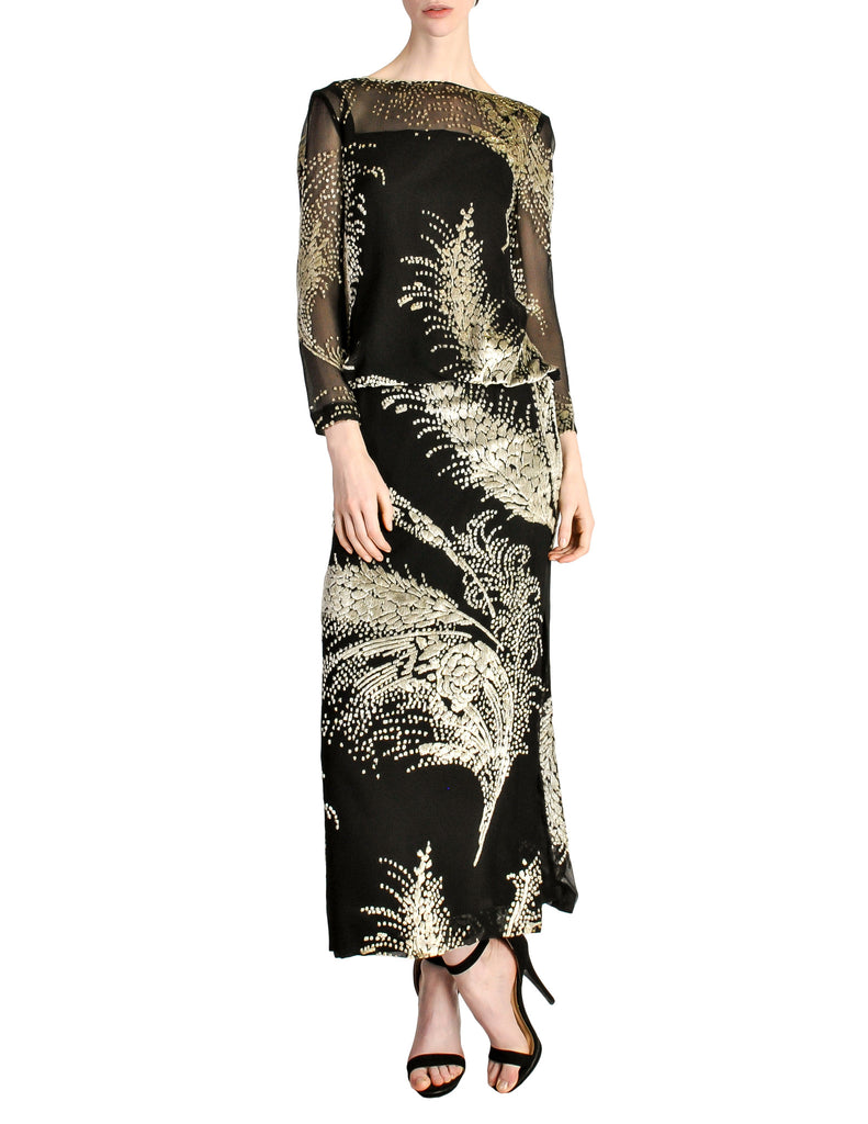 Celine Vintage Black Sheer Silk Embroidered Fuzzy Gold Tinsel Dress –  Amarcord Vintage Fashion