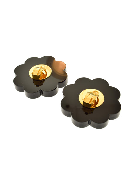 Chanel Vintage Massive Polished Thick Black Resin Rhinestone Gold Flower Earrings