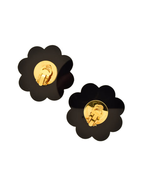 Chanel Vintage Massive Polished Thick Black Resin Rhinestone Gold Flower Earrings