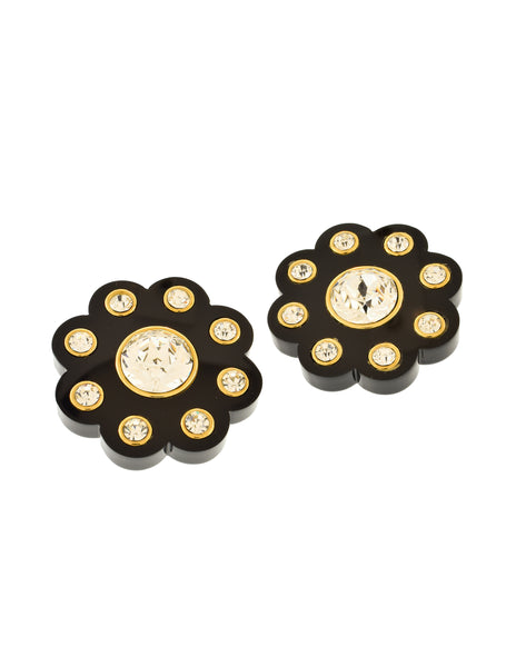 Chanel Vintage Massive Polished Thick Black Resin Rhinestone Gold Flower Earrings