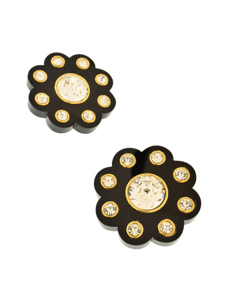 Chanel Vintage Massive Polished Thick Black Resin Rhinestone Gold Flower Earrings