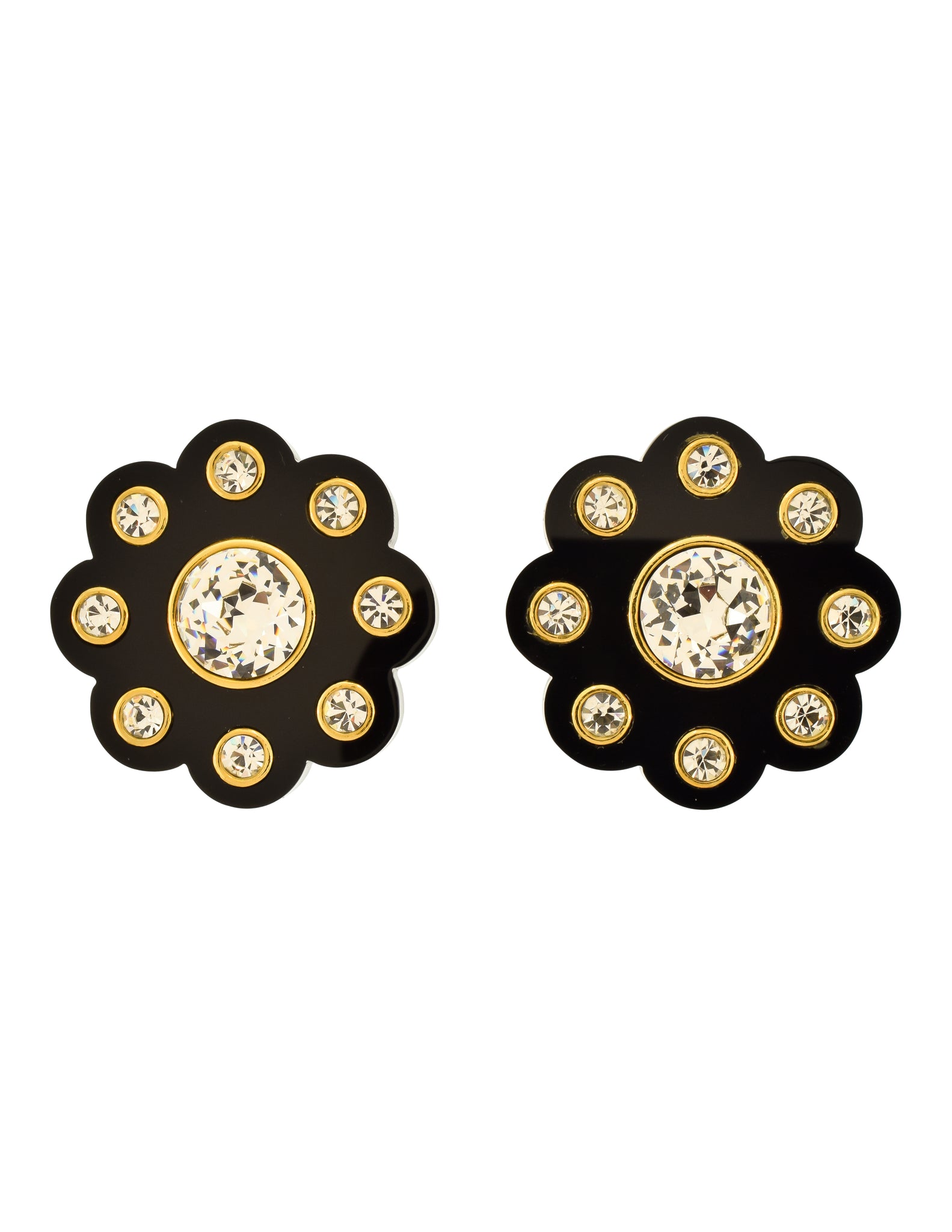 Chanel Vintage Massive Polished Thick Black Resin Rhinestone Gold Flower Earrings