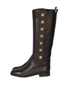 Chanel Vintage AW 1996 Ultra Rare Black Leather Gold Plated CC Logo Turnlock Knee High Boots