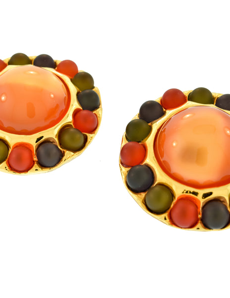 Chanel Vintage Oversized Orange Green Blue Gold Dome Earrings