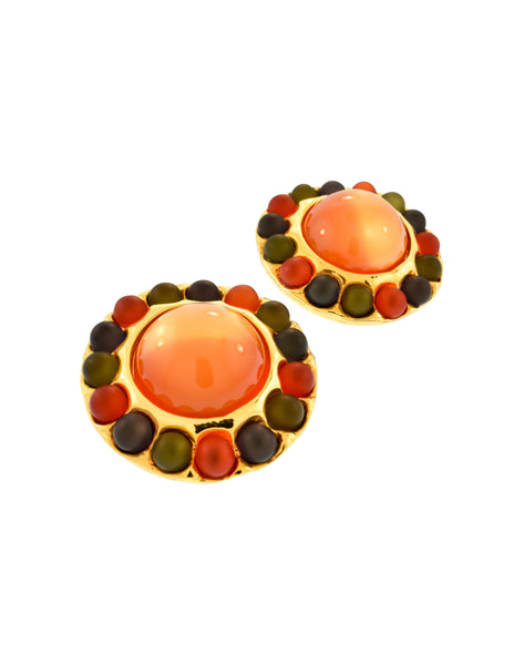 Chanel Vintage Oversized Orange Green Blue Gold Dome Earrings