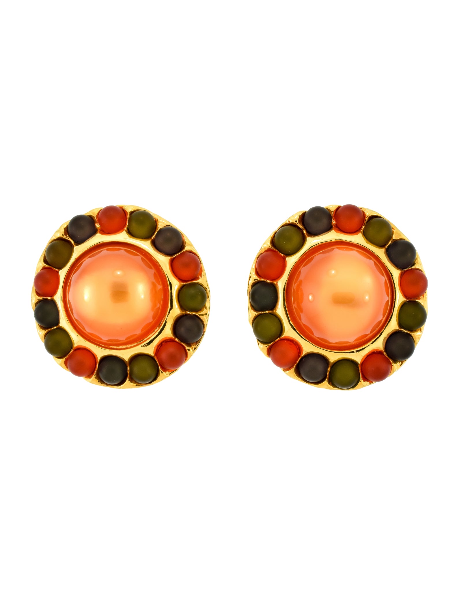 Chanel Vintage Oversized Orange Green Blue Gold Dome Earrings