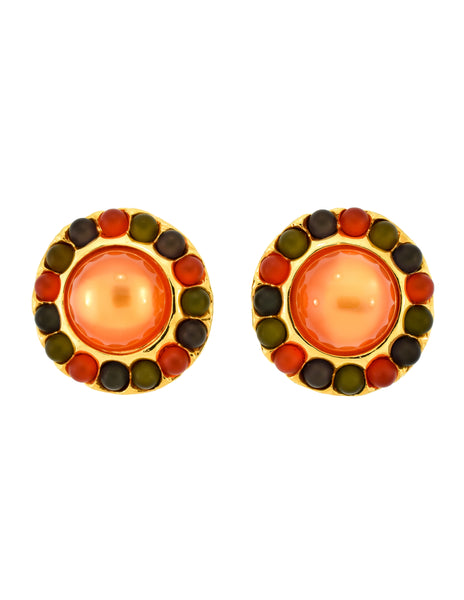 Chanel Vintage Oversized Orange Green Blue Gold Dome Earrings
