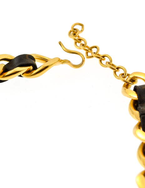Chanel Vintage Gold Chain & Black Leather ID Tag Nameplate Choker Necklace