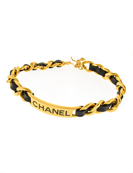 Chanel Vintage Gold Chain & Black Leather ID Tag Nameplate Choker Necklace