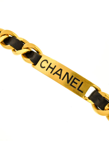 Chanel Vintage Gold Chain & Black Leather ID Tag Nameplate Choker Necklace