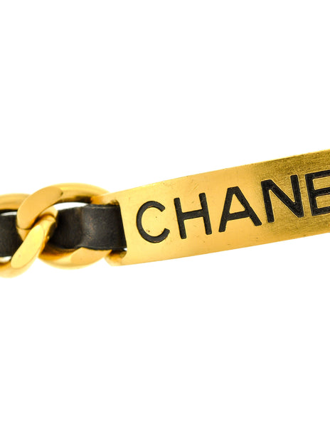 Chanel Vintage Gold Chain & Black Leather ID Tag Nameplate Choker Necklace