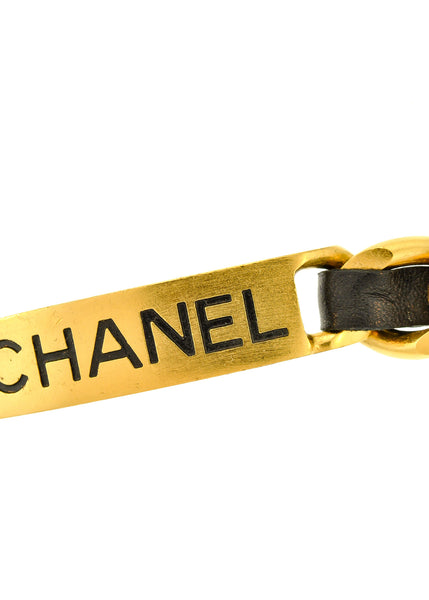 Chanel Vintage Gold Chain & Black Leather ID Tag Nameplate Choker Necklace
