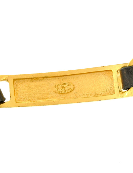 Chanel Vintage Gold Chain & Black Leather ID Tag Nameplate Choker Necklace