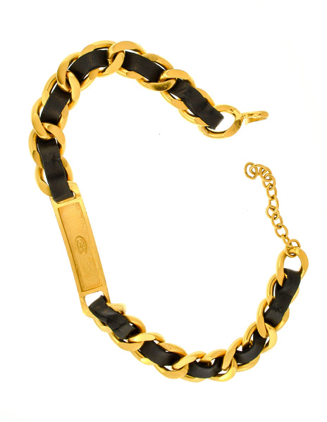 Chanel Vintage Gold Chain & Black Leather ID Tag Nameplate Choker Necklace