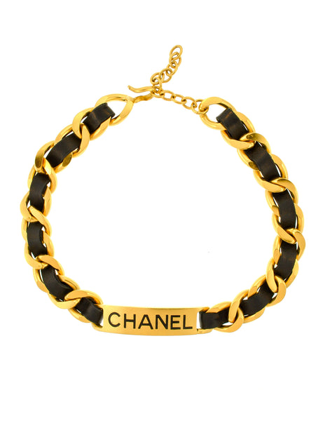 Chanel Vintage Gold Chain & Black Leather ID Tag Nameplate Choker Necklace