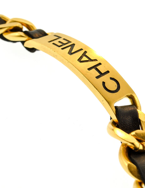 Chanel Vintage Gold Chain & Black Leather ID Tag Nameplate Choker Necklace