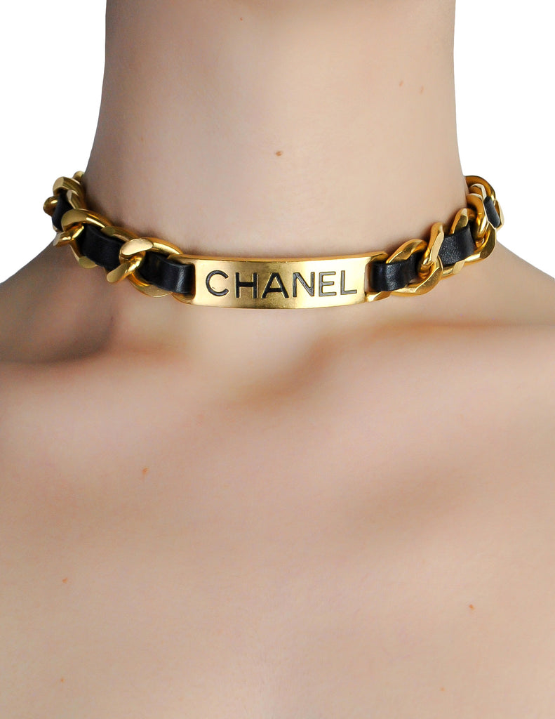 Chanel 2012 Choker Necklace Blue Leather Chain Link CC Logo Turn Lock 15  Inch Silver Tone