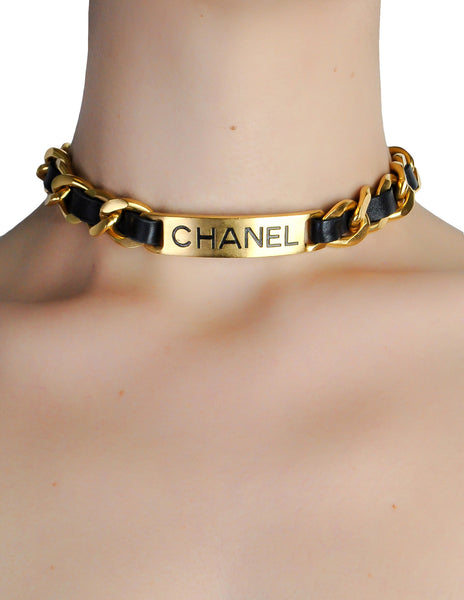Chanel Vintage Gold Chain & Black Leather ID Tag Nameplate Choker Necklace