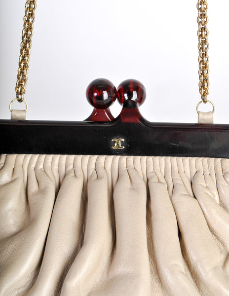 Chanel Vintage Beige Leather Kisslock Clutch Purse