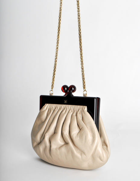 Chanel Vintage Beige Leather Kisslock Clutch Purse