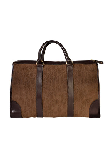 Christian Dior Vintage Brown Trotter Logo Monogram Suede and Leather Large Top Handle Carry All Bag