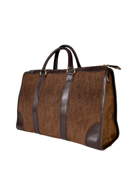 Christian Dior Vintage Brown Trotter Logo Monogram Suede and Leather Large Top Handle Carry All Bag