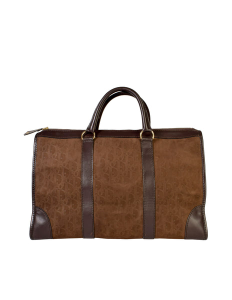 Christian Dior Vintage Brown Trotter Logo Monogram Suede and Leather Large Top Handle Carry All Bag